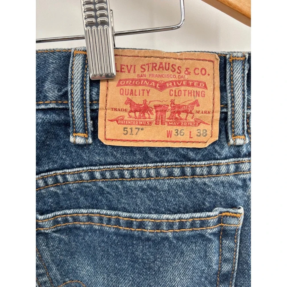 Levis 517 Mens Bootcut Jeans Distressed Clean Indigo Blue Denim(Measures 36x24)